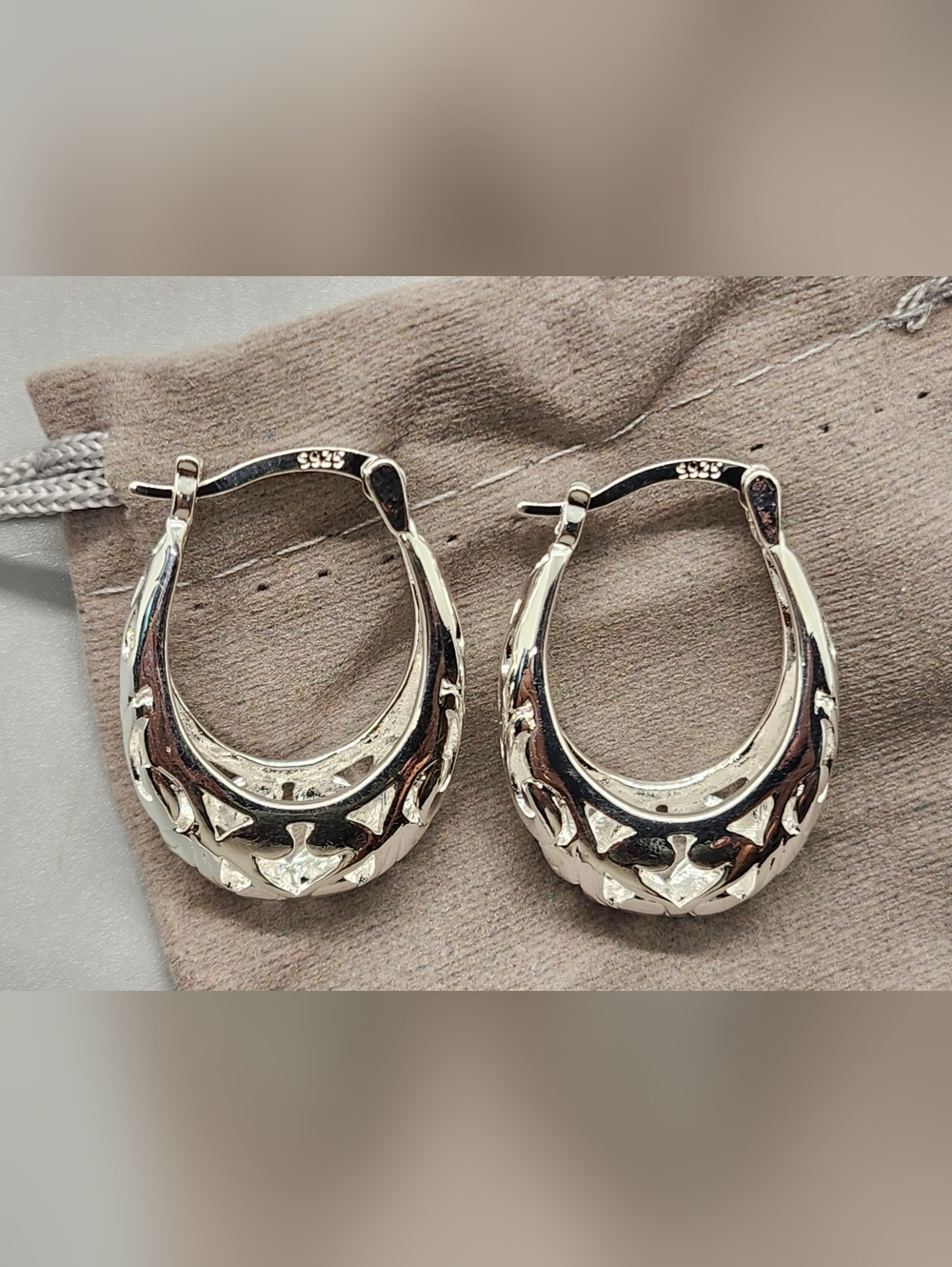 Sterling Silver Carved Hoop Earrings - Picture 3 of 12
